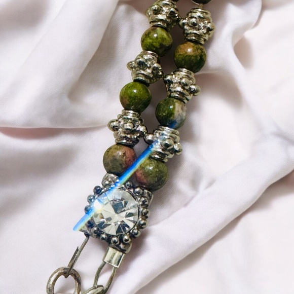 Tiny Art Canvas Silver & Glass Pendant w/ Unakite & Pink Jasper Artisan Necklace - Picture 7 of 17